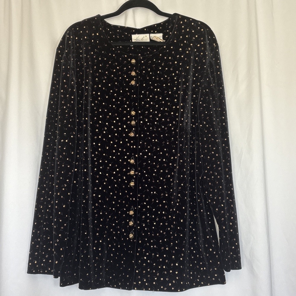 VINTAGE Kathie Lee Top Womens 22w Plus Black Floral Velvet Button Up Long Sleeve